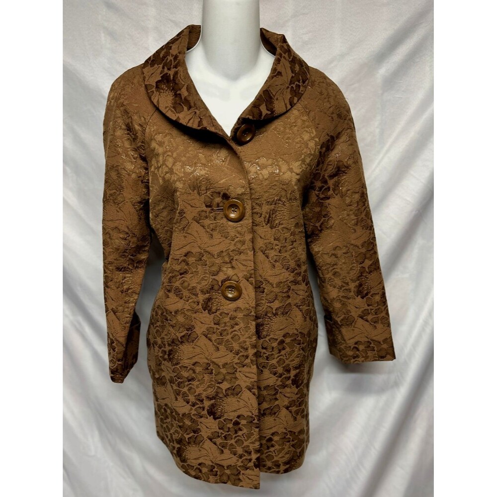 Rafaella Women's Chocolate Brown Jaquard Print Jacket Sz M 3/4 Length Coat +🎁